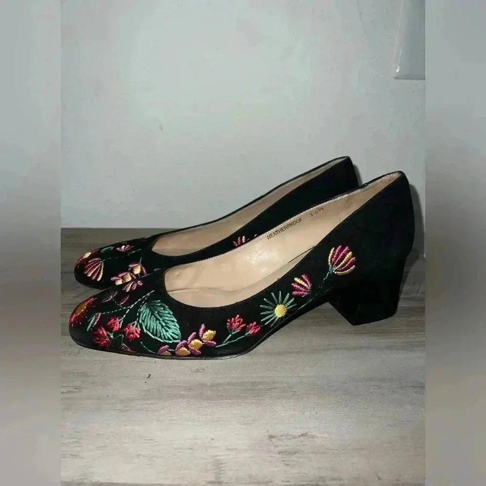 Ron White Doreen Floral Women's Block Heels, Black Suede, Size 38.5 EU,Size 8 US